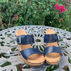 blue high heel sandals with silver buckle